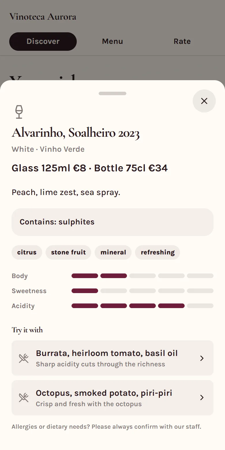 Product detail: tasting note, allergens, taste profile and dishes to pair it with