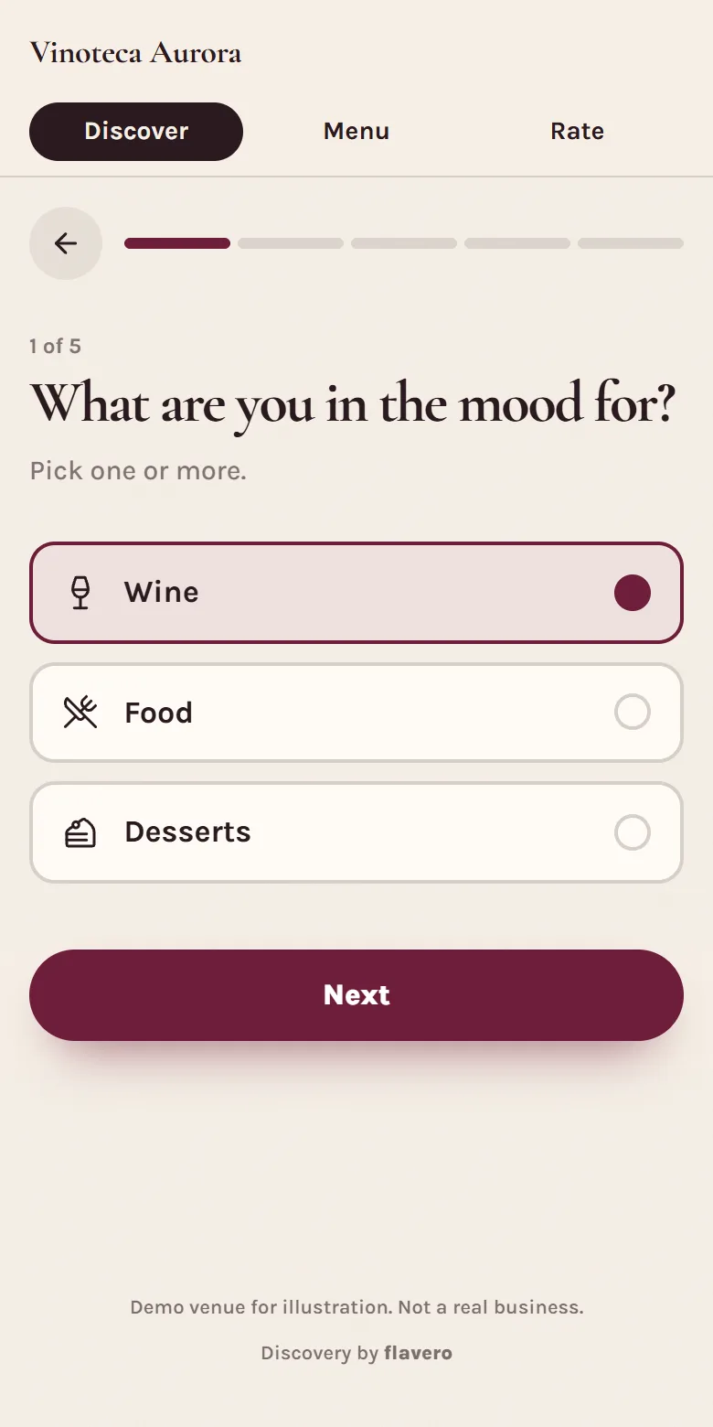 Guest question screen: what are you in the mood for?