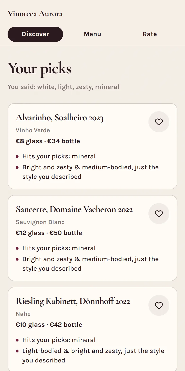 Guest results: three wines from the menu, each with why it fits